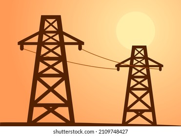 Silhouette shadow high voltage power electric pole with twilight sun evening sunset orange background flat vector design.