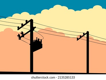 Silhouette shadow high voltage power electric pole with transformer and clouds twilight evening background flat vector design.