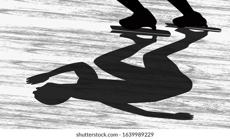 Silhouette with the shadow of a man running on ice. Speed skating. You can see the bottom of the legs and skates. Horizontal vector EPS 10.