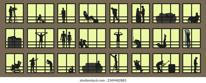Silhouette or shadow of people in the window. People in windows. Occupations of people if you look out the windows. Vector illustration. EPS 10.