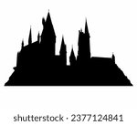 Silhouette shadow of school of witchcraft and wizardry. Landscape of Hogwarts Castle with many towers and walls. Simple doodle black filled hand drawn vector illustration isolated on white background.