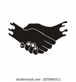 Silhouette of Shake Hand Sign on White Background with White Lines Defining Thumb and Fingers. Hand Gesture Flat Icon Vector Illustration.