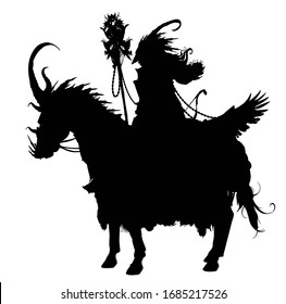 A silhouette of a shaman riding a horse in an unusual armor with horns, holding a staff with many trinkets. 2D illustration