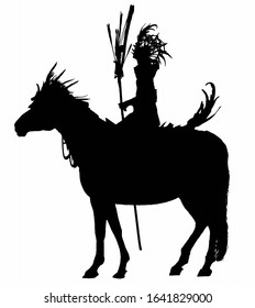 The silhouette of the shaman, sitting on a horse in a mask of feathers, in his hands a staff, on his head a feather Mohawk, stands in profile. 2D illustration.