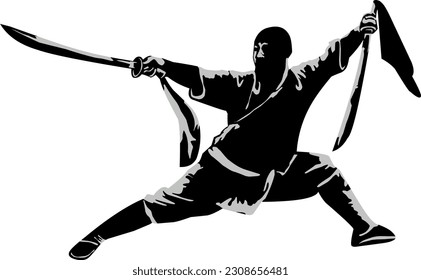 Silhouette Shaolin Action kungfu Vektorgrafik 