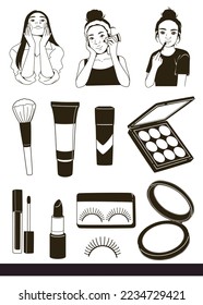 Silhouette shape illustration of woman skin care and cosmetic, Woman female makeup cosmetic product silhouette illustration set, vector.
