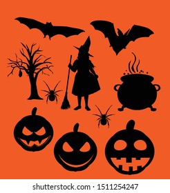 
silhouette in the shape of a tree, a bat, a witch, a pumpkin and a hearth furnace