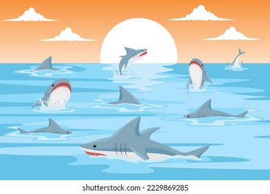 Silhouette of a shark at sunset. Sunset on the ocean. Vector illustration of the ocean at sunset with a collection of sharks. Marine predators swimming at sunset