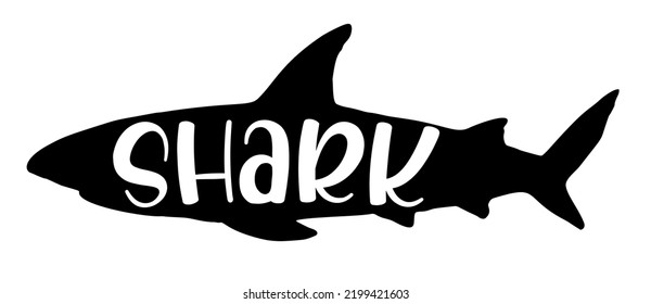 the silhouette of a shark with the word Shark inside. sea shark lettering black silhouette, isolated element for design template