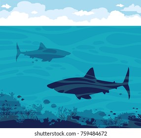 Silhouette of sharks, coral reef with fish on a blue sea and cloudy sky. Vector ocean illustration.
