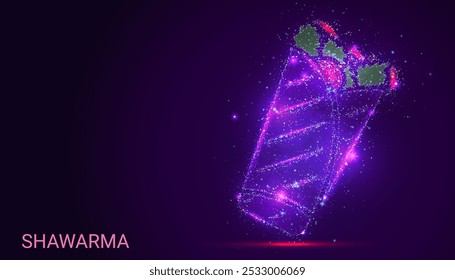 Silhueta de um envoltório shawarma feito de pontos brilhantes, multicoloridos, assemelhando-se estrelas. As partículas vibrantes criam a forma da iguaria enrolada, simbolizando sabor, calor e uma mistura de especiarias.