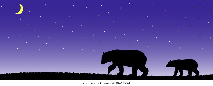 Silueta de un oso y un cachorro de oso en la hierba.