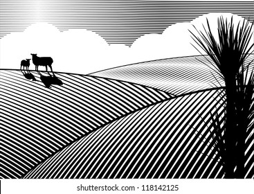 Silhouette of sheep at field in woodcut style