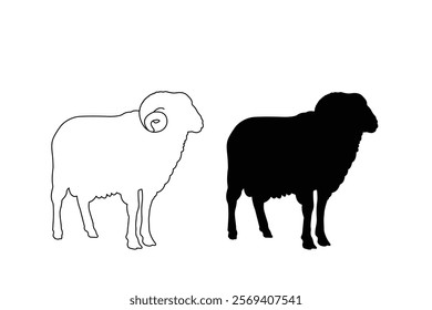 A silhouette of sheep and lamb farm animals vector illustration icon isolated on white background. sheep and lamb line art.