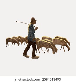 Silhouette of a shepherd walking with a flock of sheep. The shepherd guides the sheep, creating a pastoral scene with sheep and shepherd in harmony. Vintage art illustration, vector.