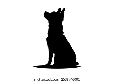 Silhouette of a shiba dog sitting looking up, black and white vector illustration