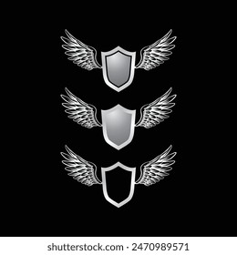 Silhouette Shield with wings icon set in vintage style, Protect shield security line icons. Badge quality symbol, sign, logo or emblem, Vector, crown.