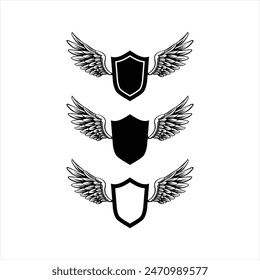 Silhouette Shield with wings icon set in vintage style, Protect shield security line icons. Badge quality symbol, sign, logo or emblem, Vector, crown.