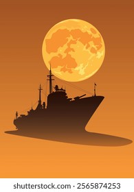 silhouette of a ship against the backdrop of the full moon. The ship is dark gray. The moon is bright orange, the sky is dark orange, and the overall mood of the illustration is peaceful and serene.