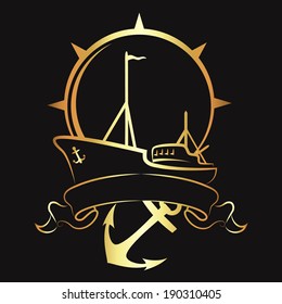 Barco de la silueta y emblema del ancla para el Vector