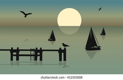 Silhouette of ship and bird at the morning