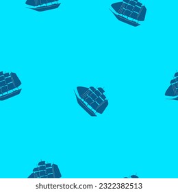 The silhouette of the ship is dark blue on a blue background. Seamless pattern. Print on fabric and wallpaper. Marine theme. Vector graphics.