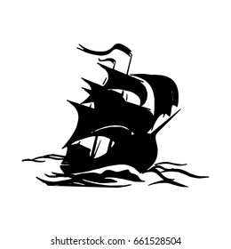 silhouette of a ship on the waves of black on a white background