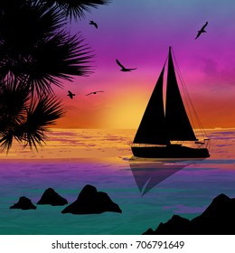 Silhouette of a ship at the sea at beautiful sunset, vector illustration