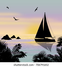 Silhouette of a ship at the sea at beautiful sunset, vector illustration