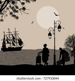 Silhouette of a ship at the sea and travelers people on retro style background, vector illustration