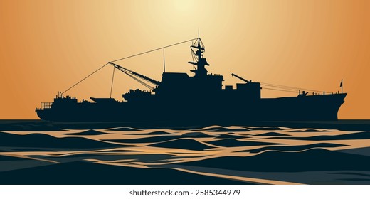 silhouette of a ship at sunset. The ship is dark gray in color, there are several cranes on the deck. The sky is orange and the sun is in the background, casting a warm glow on the horizon.  