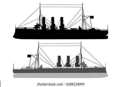 Silhouette  of a ship - vector illustration - black and white, Cruiser Aurora