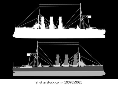 Silhouette  of a ship - vector illustration - black and white, Cruiser Aurora