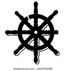 Silhouette of a ship wheel with one broken spoke, symbolizing navigation, maritime heritage, or nautical adventure with a rustic, vintage touch.