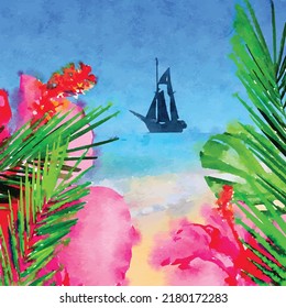 Silhouette of a ship, a yacht in the open sea against the blue sky and palm branches and flowers in front. Watercolor style. Cartoon. Vector illustration. Clipart