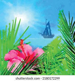 Silhouette of a ship, a yacht in the open sea against the blue sky, flowers and palm branches in front. Watercolor style. Cartoon. Vector illustration. Clipart