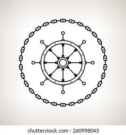 Silhouette ship's wheel , contour of the ship's wheel in the circle of the chain on a light background,  black and white  vector illustration