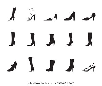Silhouette shoe and boot icons - vector icon set
