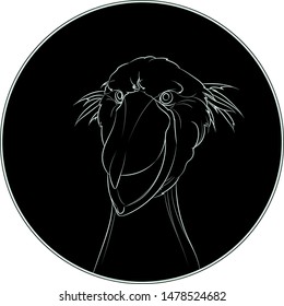 Silhouette of a shoebill head in black circle. Vector.