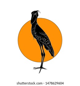 Silhouette of a shoebill on yellow circle. Vector illustration.