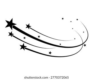  Silhouette of shooting star. Falling and shooting star black vector icon set with motion symbols. silhouette of a shooting star with sparkles, perfect for celebration, fantasy, or magical themed projects. Black star on a white background  with a long tail. 