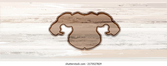 Silhouette of a shoulder pads on a rectangular background with a wood texture in light gray-brown shades for text placement. Isolated element with wood burning effect.