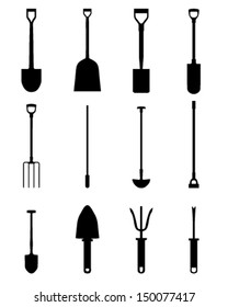 Silhouette of shovels, spades, villas and other garden tools-vector