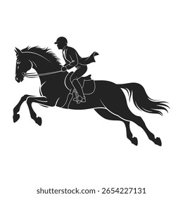 Silhueta de um saltador de show em um cavalo galopante esporte equestre monocromático vetor arte