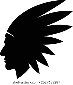 Silhouette showcases native American chief in profile; he wears a traditional headdress with many feathers and a headband. This minimal black vector portrays a cultural icon.