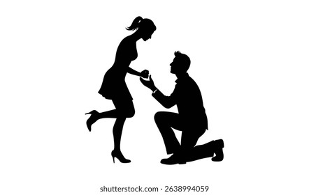 Silhouette showcasing a man kneeling and proposing with a ring to a woman in a dress and high heels, set against a plain white background.