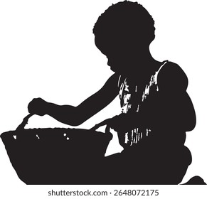 A silhouette shows a child kneeling and reaching into a basket with their hand on a white background image