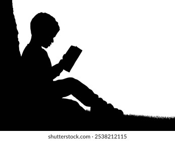 The silhouette shows a child reading a book, seated on the ground, capturing a quiet moment of focus and imagination under a tree