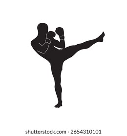 Silhueta mostra uma imagem de corpo inteiro de um boxeador masculino chutando o pé esquerdo para cima, usando luvas de boxe. A imagem tem um fundo transparente para uso versátil.