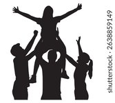 a silhouette shows a group cheerleading, with one person lifted high, arms raised, supported by others in a celebratory pose.